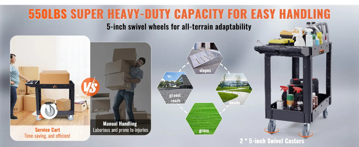 VEVOR Utility Service Cart, 2 Shelf 550LBS Heavy Duty Plastic Rolling Utility Cart with Swivel Wheels, Medium Lipped Shelf, Ergonomic Storage Handle for Warehouse/Garage/Cleaning/Office extra image