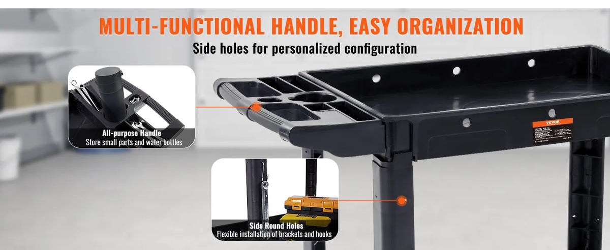 VEVOR Utility Service Cart, 2 Shelf 550LBS Heavy Duty Plastic Rolling Utility Cart with Swivel Wheels, Medium Lipped Shelf, Ergonomic Storage Handle for Warehouse/Garage/Cleaning/Office extra image