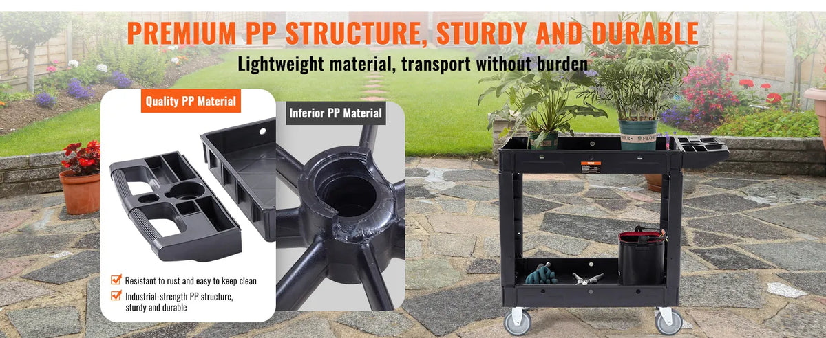 VEVOR Utility Service Cart, 2 Shelf 550LBS Heavy Duty Plastic Rolling Utility Cart with Swivel Wheels, Medium Lipped Shelf, Ergonomic Storage Handle for Warehouse/Garage/Cleaning/Office extra image