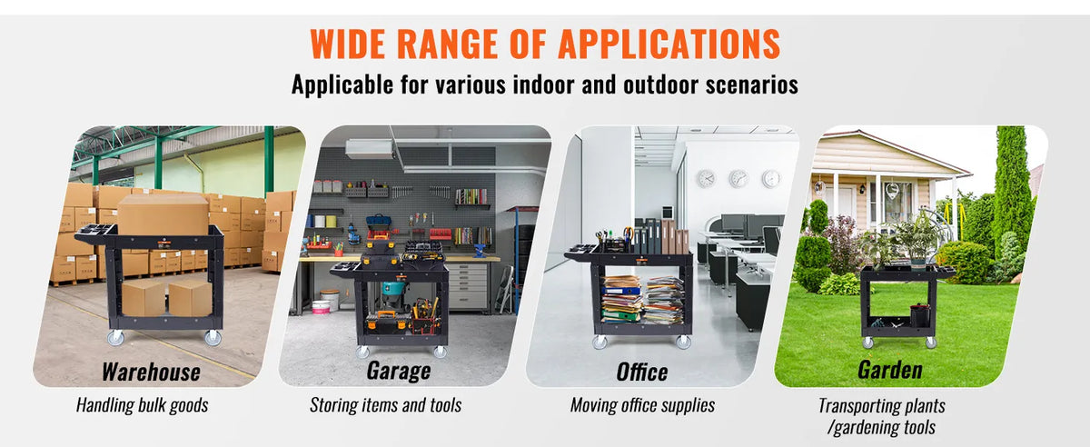 VEVOR Utility Service Cart, 2 Shelf 550LBS Heavy Duty Plastic Rolling Utility Cart with Swivel Wheels, Medium Lipped Shelf, Ergonomic Storage Handle for Warehouse/Garage/Cleaning/Office extra image