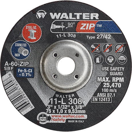 Zip™ Cutting and Grinding Wheel, 3" x 1/13", 3/8" Arbor, Type 27, 60 Grit, Aluminum Oxide