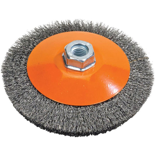 Saucer Crimped Wire Wheel, 5" Dia., 0.012" Fill, 5/8"-11 Arbor