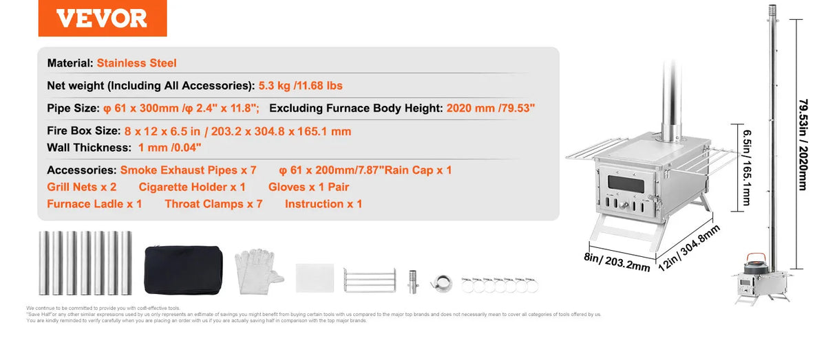 VEVOR Wood Stove, 80 inch, Stainless Steel Camping Tent Stove, Portable Wood Burning Stove with Chimney Pipes & Gloves, 700in³Firebox Hot Tent Stove for Outdoor Cooking and Heating with 8 Pipes extra image