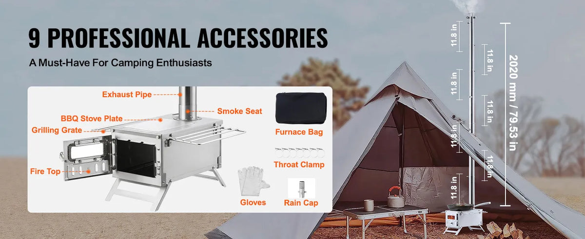 VEVOR Wood Stove, 80 inch, Stainless Steel Camping Tent Stove, Portable Wood Burning Stove with Chimney Pipes & Gloves, 700in³Firebox Hot Tent Stove for Outdoor Cooking and Heating with 8 Pipes extra image