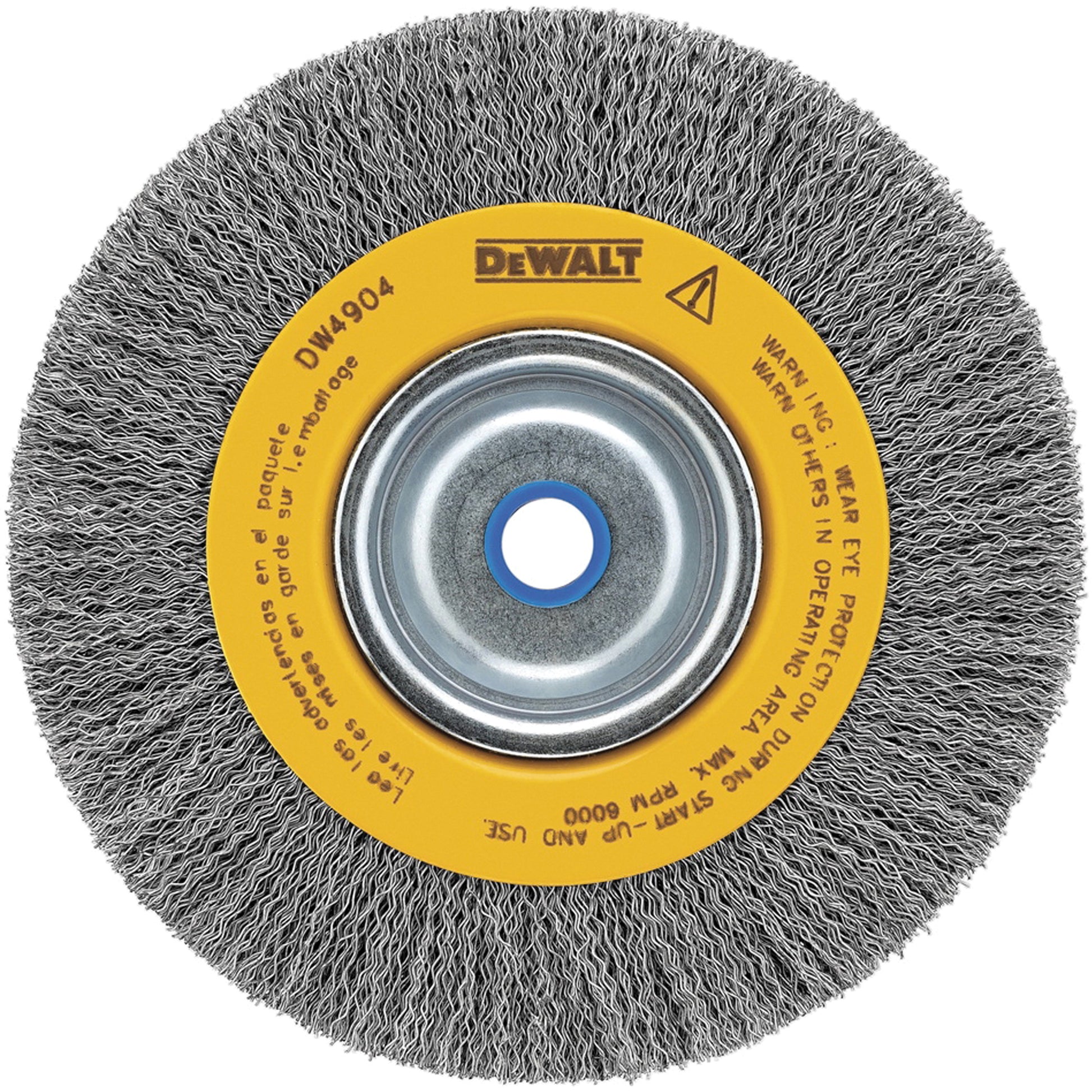 Crimped Bench Wire Brush, 6" Dia., 0.014" Fill, 5/8" - 1/2" Arbor