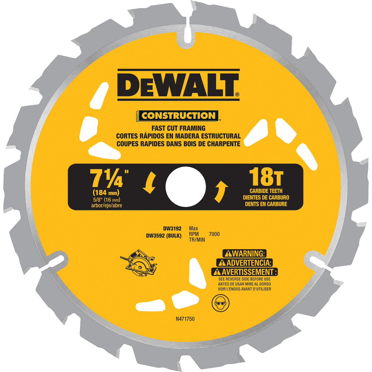 Fast Cut Framing Carbide-Tipped Saw Blade, 7-1/4", 18 Teeth, Wood Use
