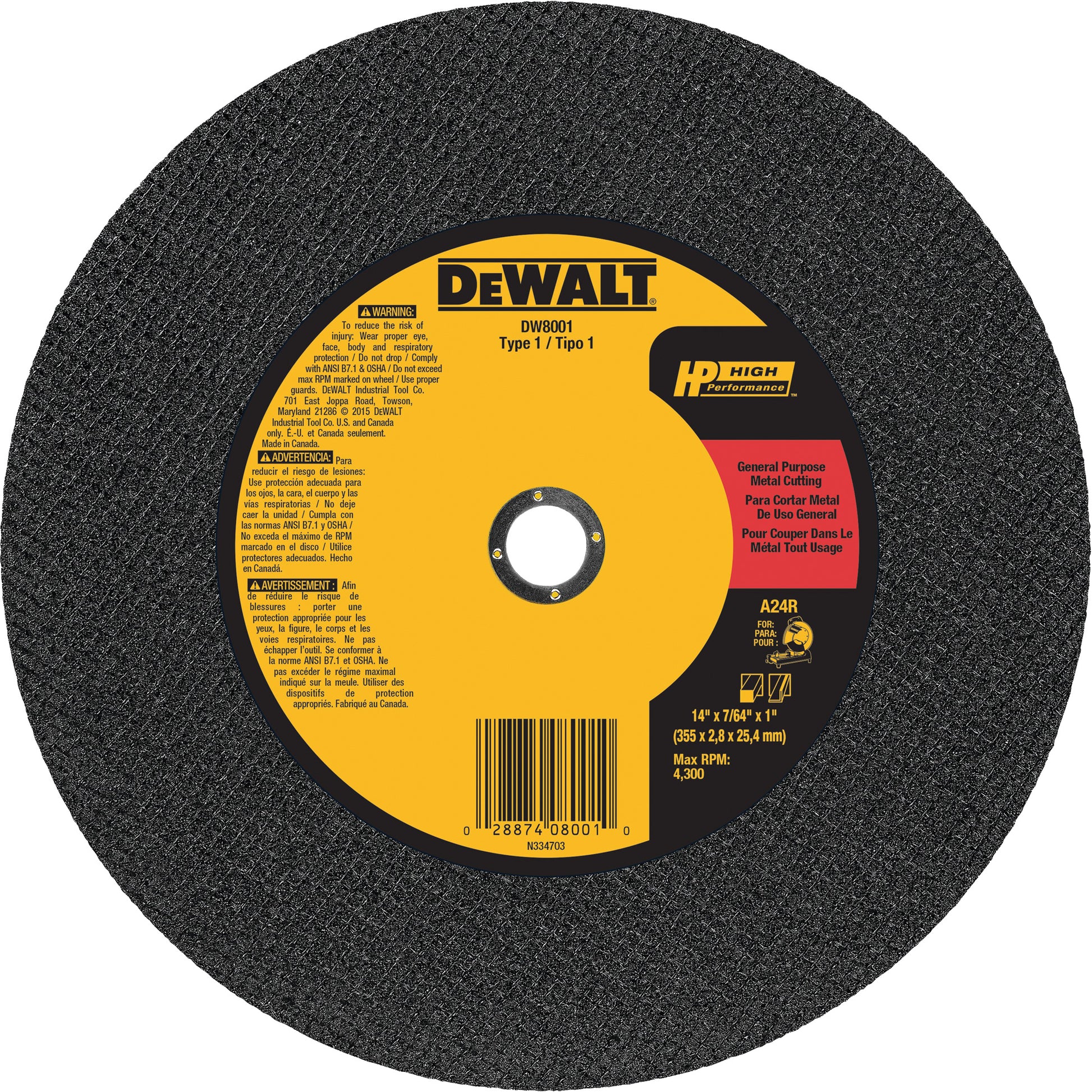 General Purpose Metal Cutting Chop Saw Wheel, 14" x 7/64", 1" Arbor, Type 1, Aluminum Oxide, 4300 RPM