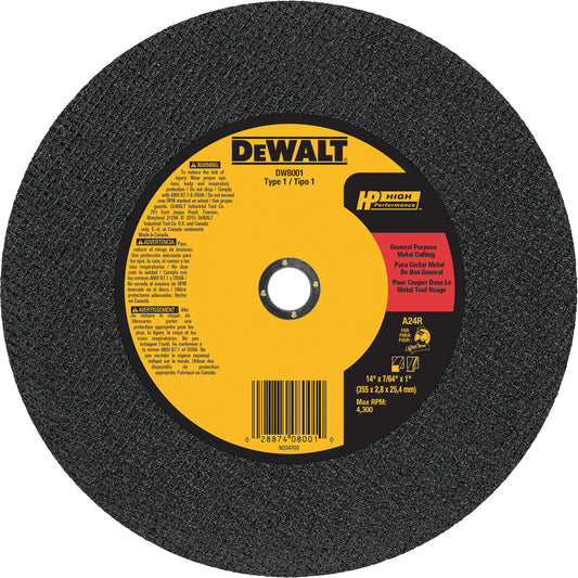 General Purpose Metal Cutting Chop Saw Wheel, 14" x 7/64", 1" Arbor, Type 1, Aluminum Oxide, 4300 RPM