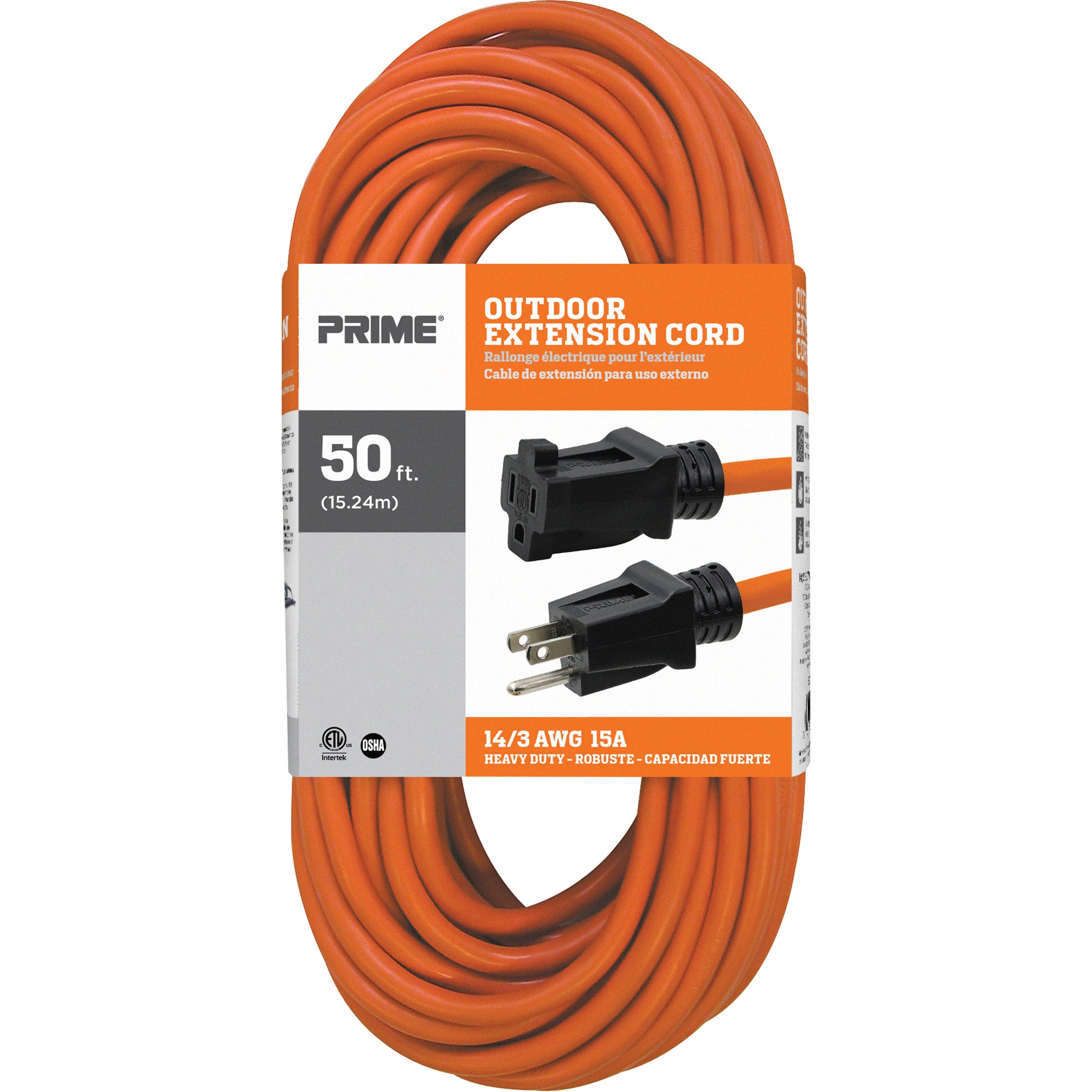 Vinyl Extension Cord, Outdoor, SJTW, 14/3 AWG, 15 A, 50'