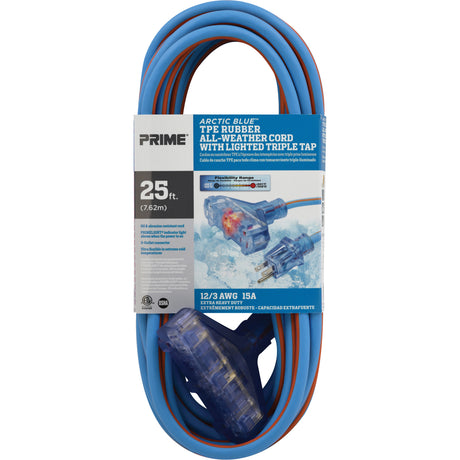 Arctic Blue™ TPE-Rubber Extension Cord, All-Weather, SJEOW, 12/3 AWG, 15 A, 3 Outlet(s), 25'