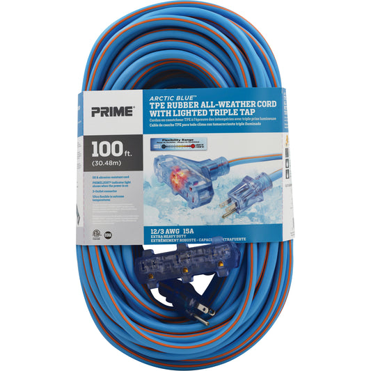 Prime Arctic Blue™ TPE-Rubber Extension Cord, All-Weather, SJEOW, 12/3 AWG, 15 A, 3 Outlet(s), 100'