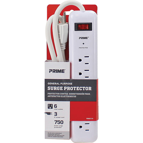 Surge Protector, 6 Outlets, 750 J, 1875, 3' Cord