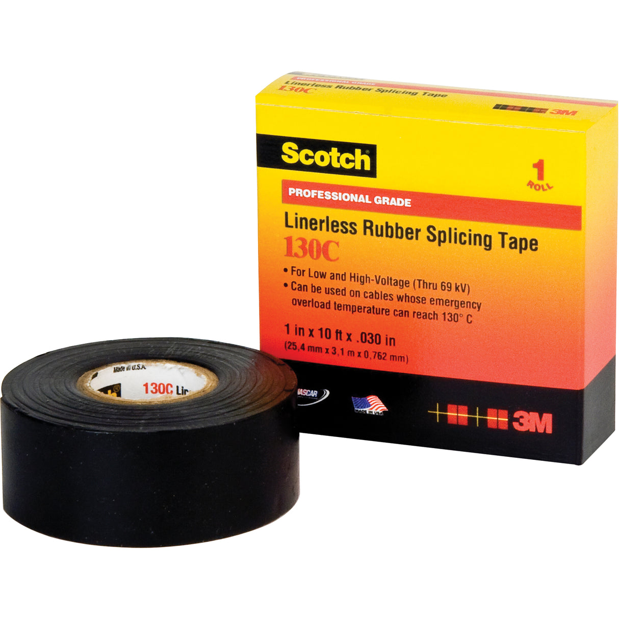 Scotch® Linerless Rubber Splicing Tape 130C, 25.4 mm (1") x 9.14 m (30'), Black
