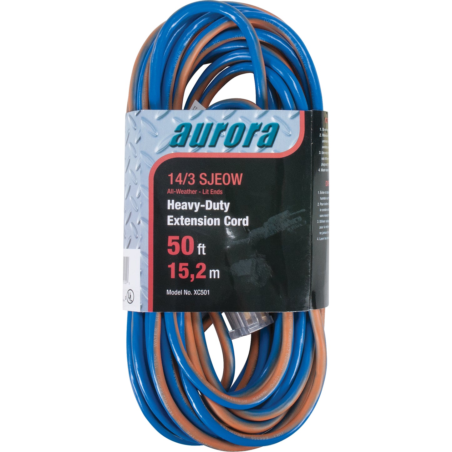 Aurora Tools TPE-Rubber Extension Cord With Light Indicator, All-Weather, SJEOW, 14/3 AWG, 15 A, 50'