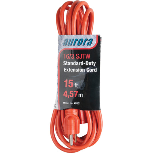 Aurora Tools Extension Cord, Indoor/Outdoor, SJTW, 16/3 AWG, 13 A, 15'