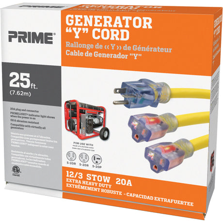 Generator "Y" Cords, Outdoor, STOW, 12/3 AWG, 20 A, 2 Outlet(s), 25'