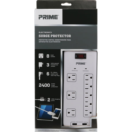 USB Charging Surge Protectors, 8 Outlets, 2400 J, 1875 W, 6' Cord