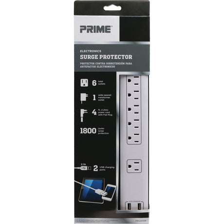 USB Charging Surge Protectors, 6 Outlets, 1800 J, 1875 W, 4' Cord
