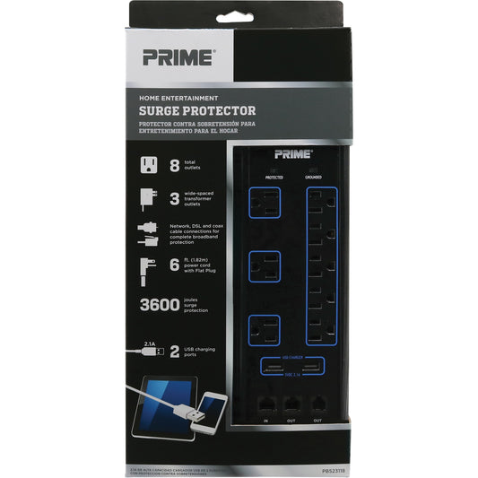 USB Charging Surge Protectors, 8 Outlets, 3600 J, 1875 W, 6' Cord