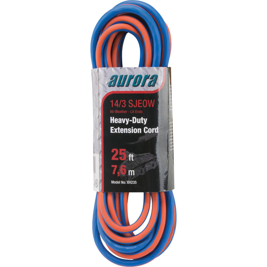 TPE-Rubber Extension Cord with Light Indicator, All-Weather, SJEOW, 14/3 AWG, 15 A, 3 Outlet(s), 25'