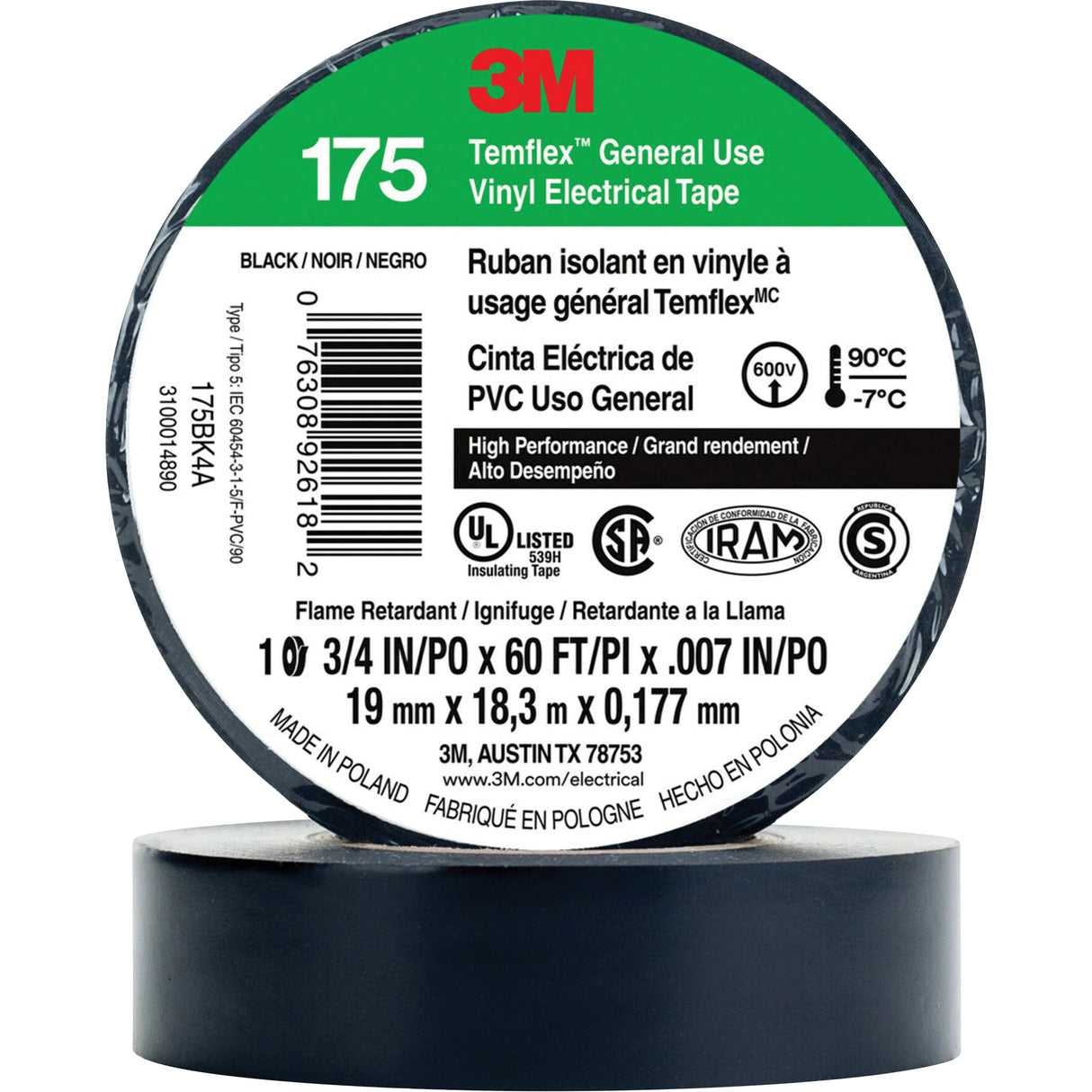 Temflex™ General Use Vinyl Electrical Tape 175, 19 mm (3/4") x 18 M (60'), Black, 7 mils