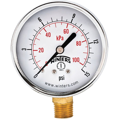Economy Pressure Gauge, 2-1/2" , 0 - 15 psi, Bottom Mount, Analogue